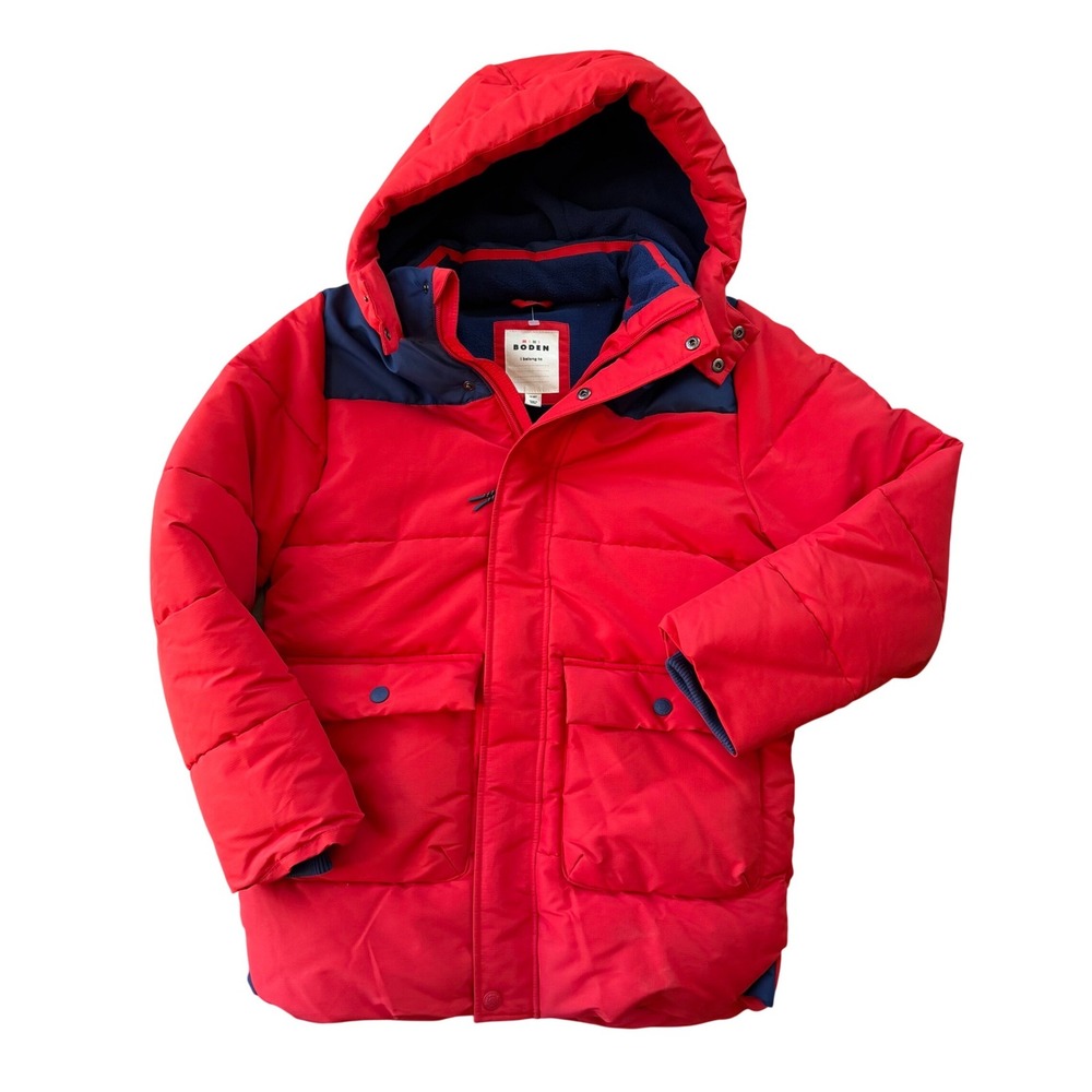 Mini Boden Boys Red Navy Hooded Puffer Parka Coat Fleece Lined Size 11-12Y